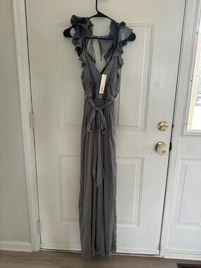 NWT Jondie Silver Shirred Ruffle Jumpsuit Size S Wide Leg Halter $89 Retail
